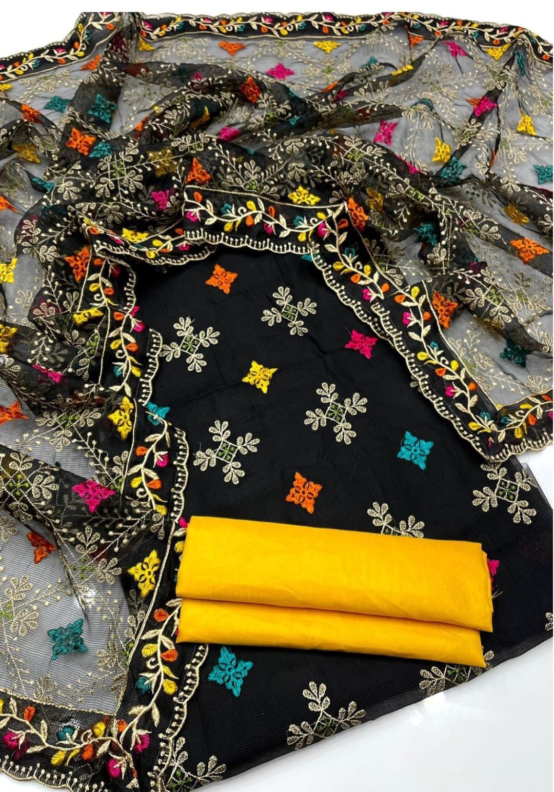 3pc Khaddi Net  Heavy Embroided Dress