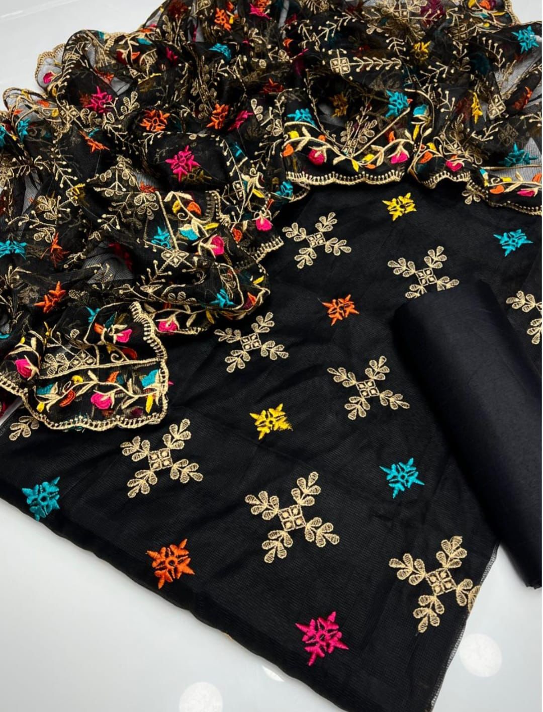 3pc Khaddi Net  Heavy Embroided Dress