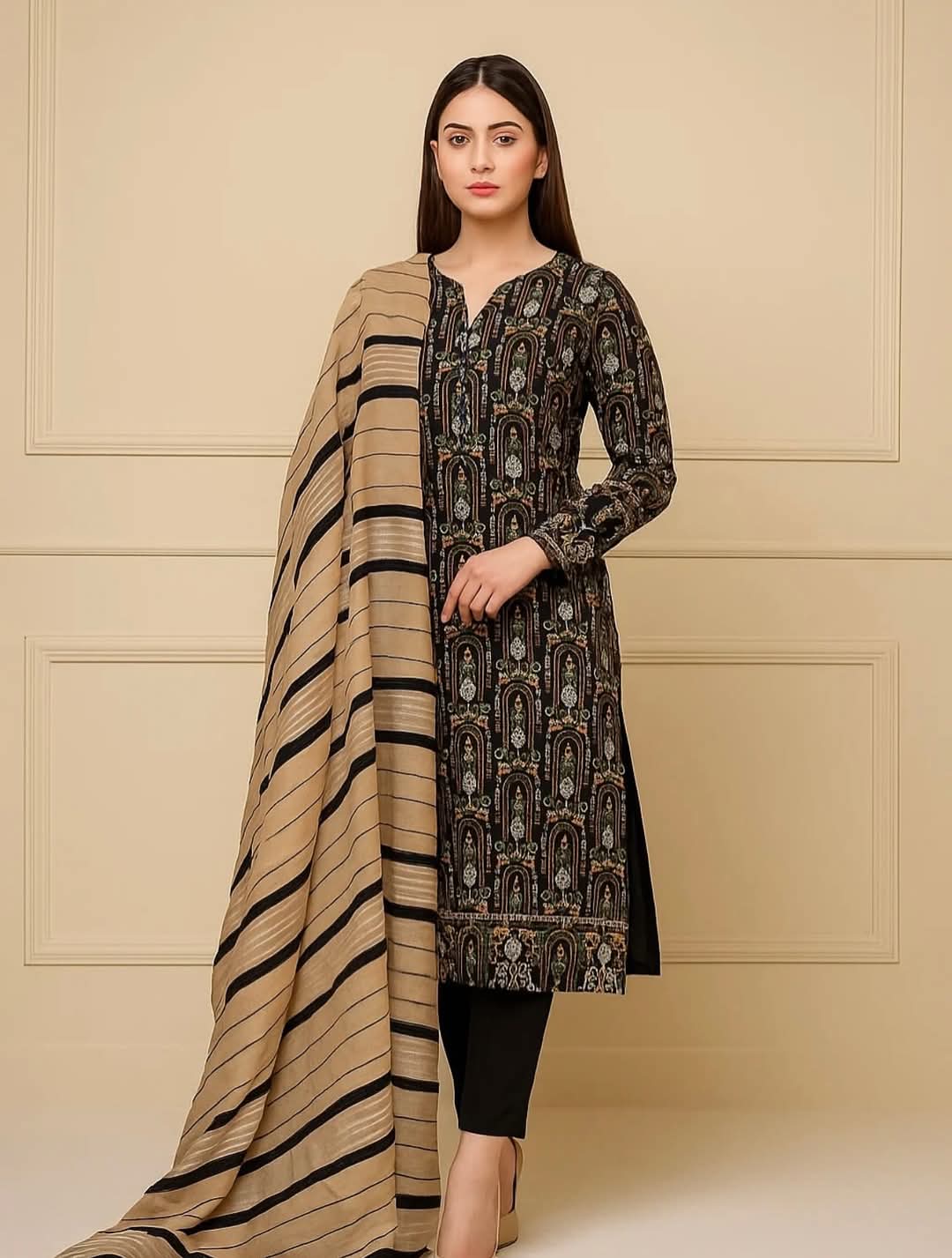 3pc  Dhanak Marina Sequence Embroided Velvet Border Shawl Dress